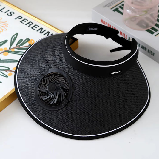 Wide Brim Sun Hat with Built-In Fan Summer Cap Outdoor Straw Visor Hat Withusb Powered Fan for Camping Fishing Hiking