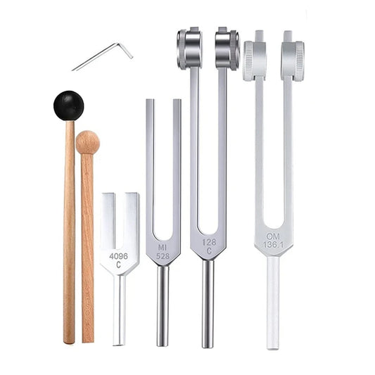 Healing Tuning Fork Set - 4 Pcs for Chakra Alignment, Sound Therapy & Stress Relief (128Hz, OM 136.1Hz, MI 528Hz, 4096Hz)
