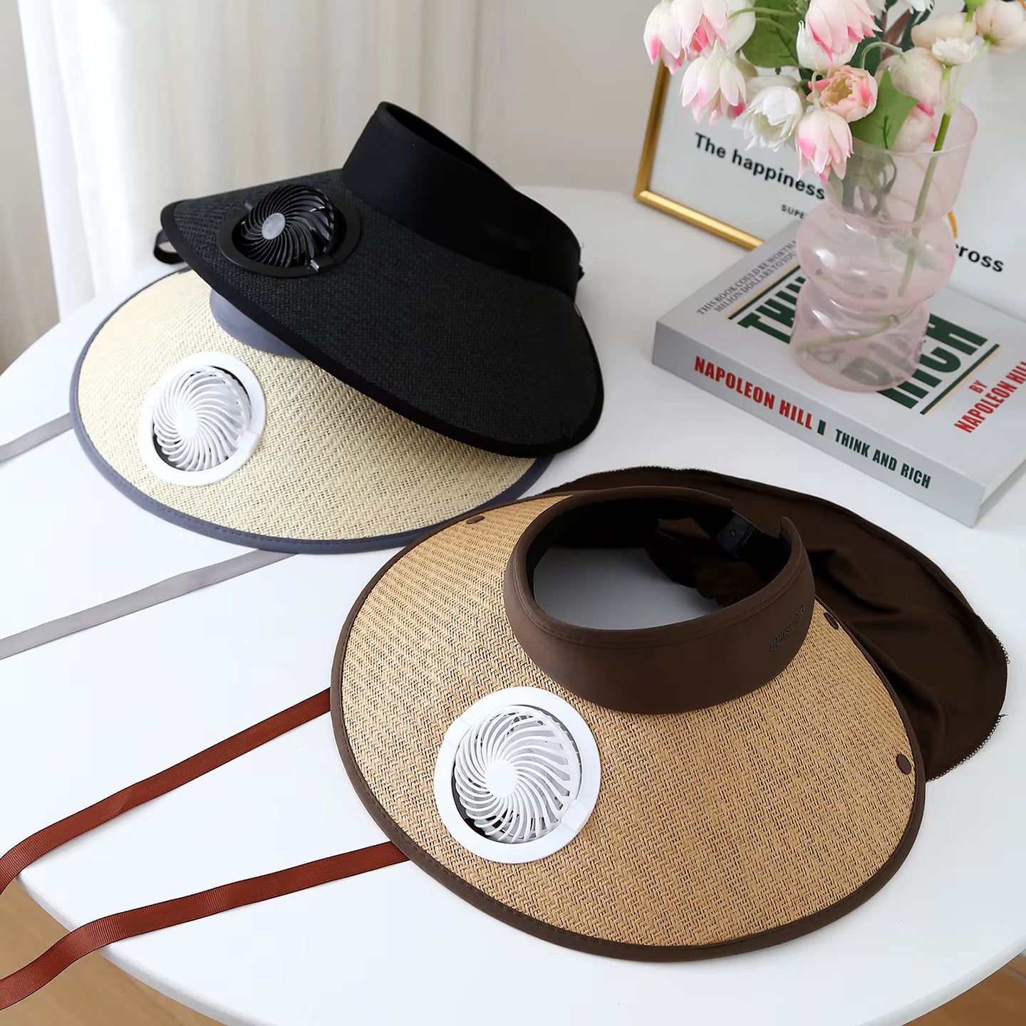 Wide Brim Sun Hat with Built-In Fan Summer Cap Outdoor Straw Visor Hat Withusb Powered Fan for Camping Fishing Hiking