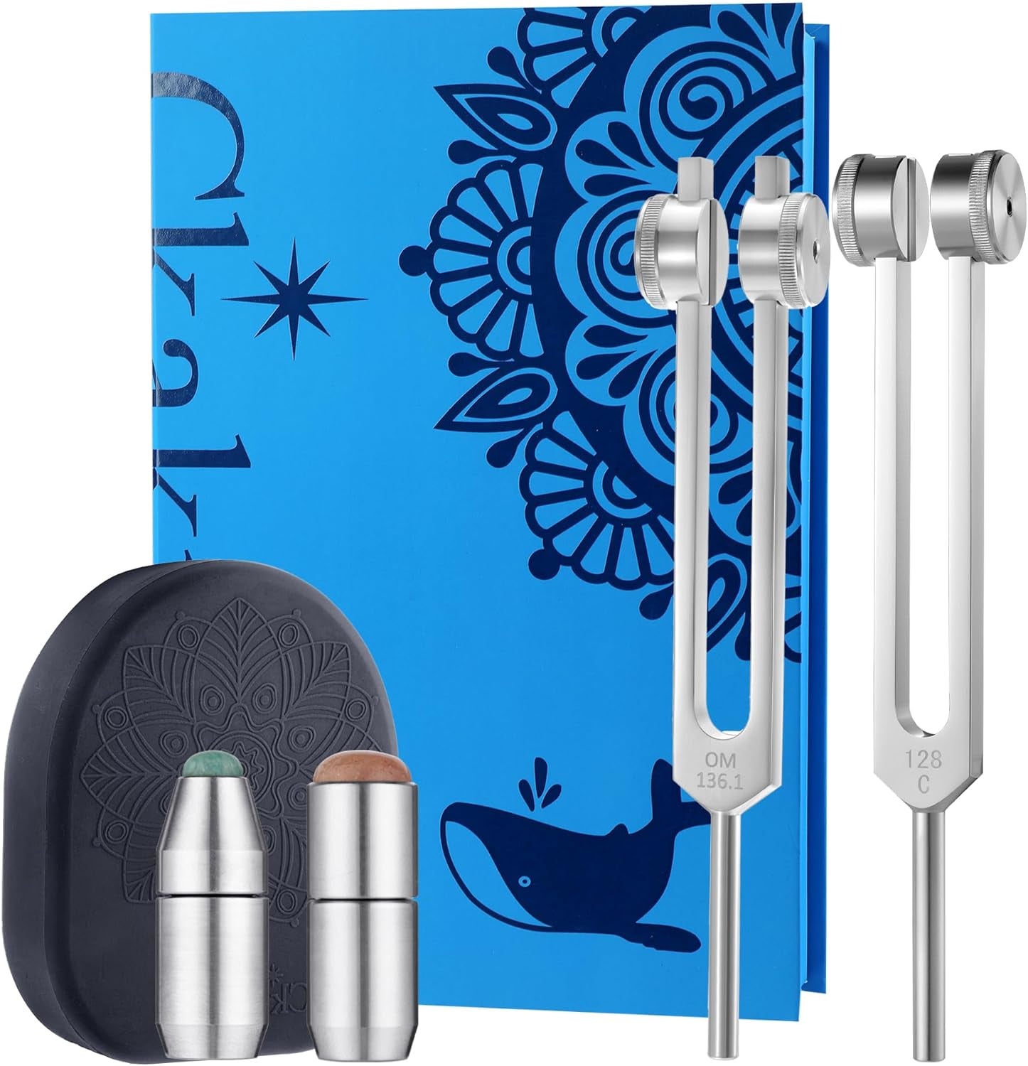 Pack of 2 Weighted Tuning Forks with Natural Gemstone Trigger Point for Sound &Body Healing, OTTO128& OM136.1, Zen Tools,Odorless Silicone Activator