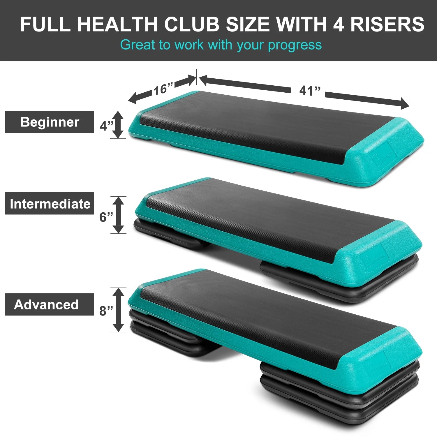 Aerobic Stepper 43’’ Platform with 4 Risers Health Club Size Step Exercise - Green with Rubber Cover