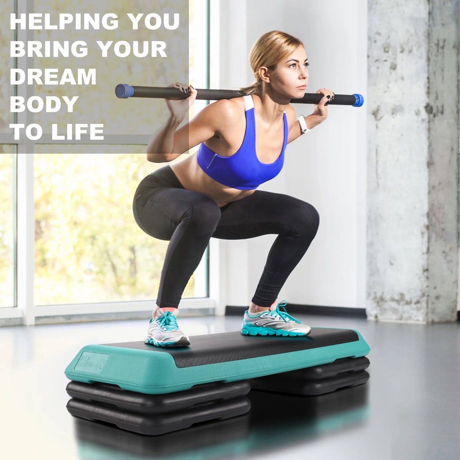 Aerobic Stepper 43’’ Platform with 4 Risers Health Club Size Step Exercise - Green with Rubber Cover