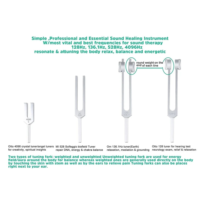 Healing Tuning Fork Set - 4 Pcs for Chakra Alignment, Sound Therapy & Stress Relief (128Hz, OM 136.1Hz, MI 528Hz, 4096Hz)