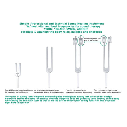 Healing Tuning Fork Set - 4 Pcs for Chakra Alignment, Sound Therapy & Stress Relief (128Hz, OM 136.1Hz, MI 528Hz, 4096Hz)