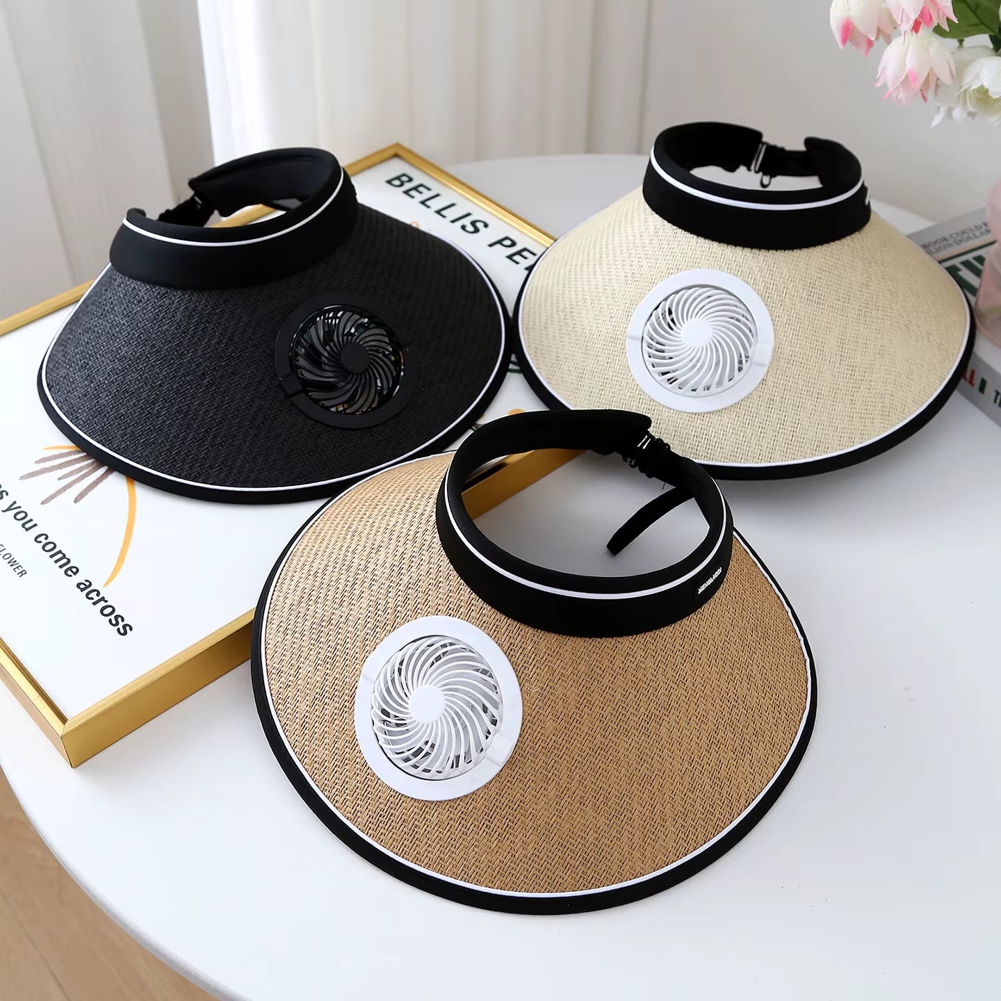 Wide Brim Sun Hat with Built-In Fan Summer Cap Outdoor Straw Visor Hat Withusb Powered Fan for Camping Fishing Hiking
